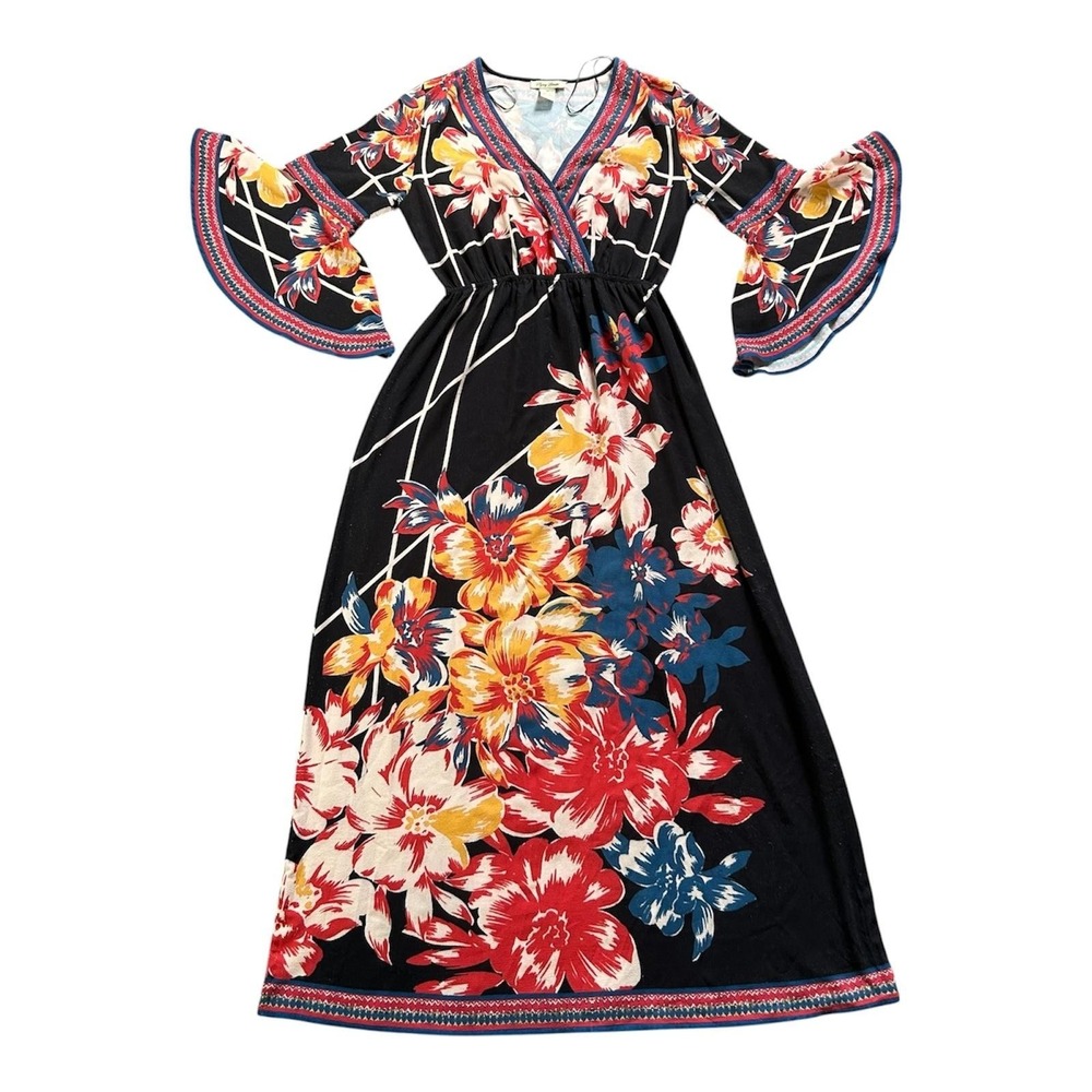 Flying Tomato Dress Womens Medium Black Floral Maxi Bell Sleeve Boho Tropical